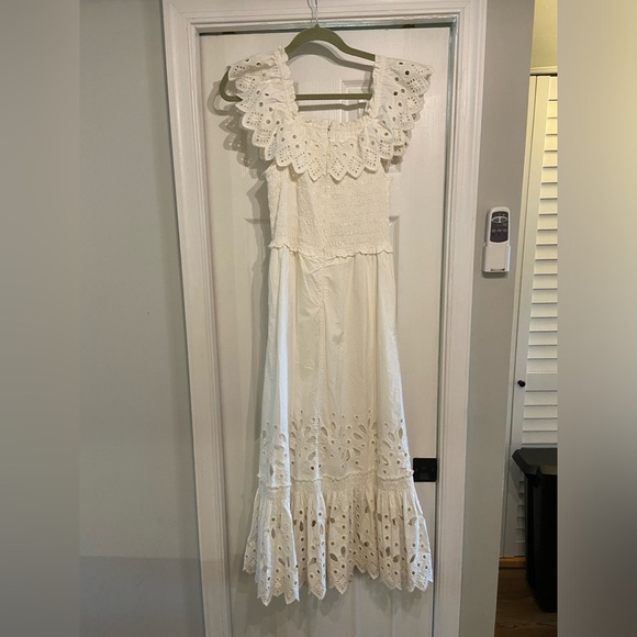 Sea New York Hazel Eyelet Smocked Ruffle Midi Dress White - Picture 6 of 6
